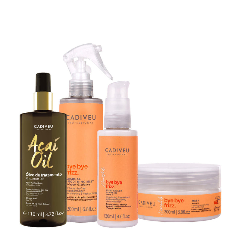 Kit Cadiveu Professional Bye Bye Frizz Selagem Leave-In Máscara E Açaí Oil 110 (4 Produtos)