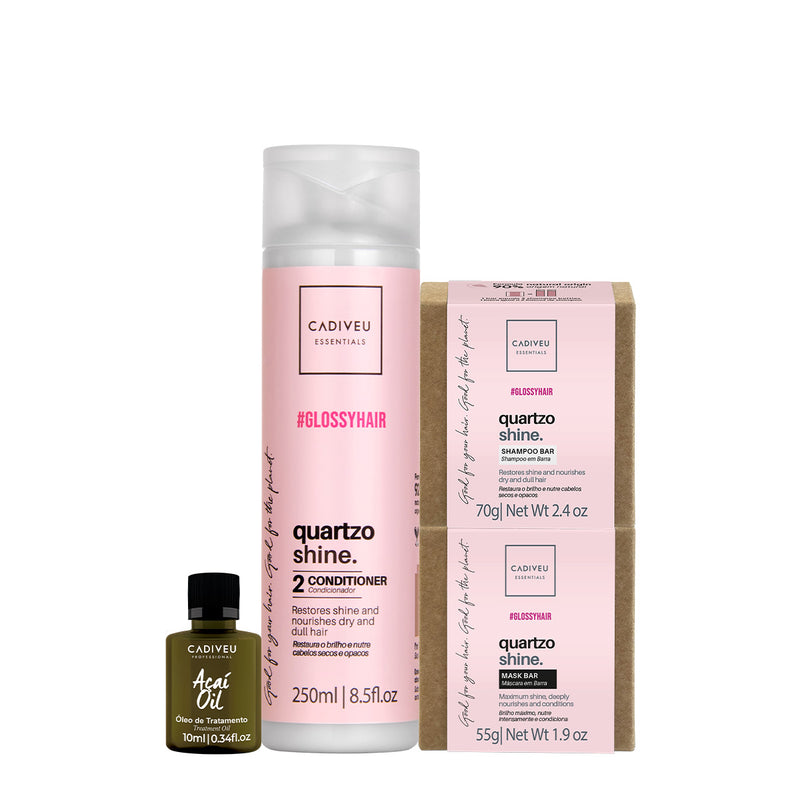 Kit Cadiveu Professional Essentials Quartzo Shine Shampoo Em Barra Condicionador Máscara Em Barra E Açaí Oil (4 Produtos