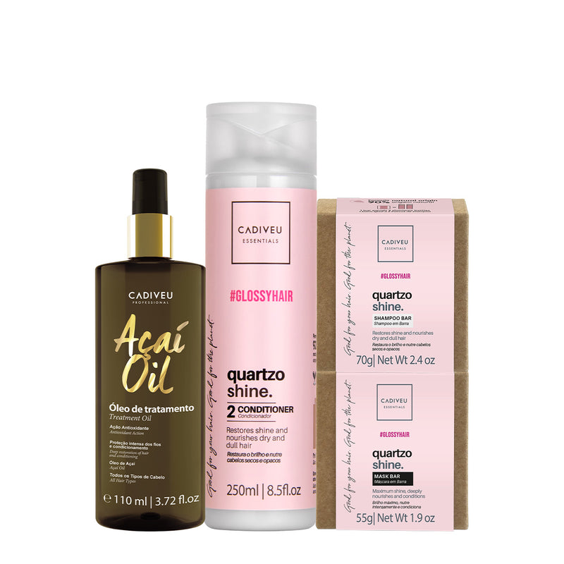 Kit Cadiveu Professional Essentials Quartzo Shine Shampoo Em Barra Condicionador Máscara Em Barra E Açaí Oil 110 (4 Prod