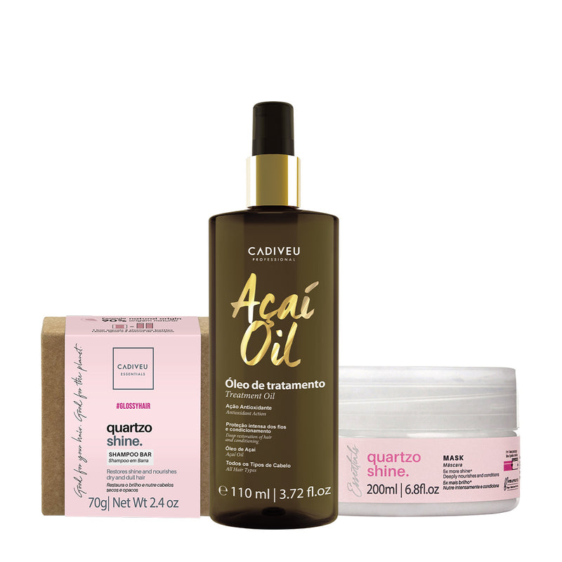 Kit Cadiveu Professional Essentials Quartzo Shine Shampoo Em Barra Máscara E Açaí Oil 110 (3 Produtos)