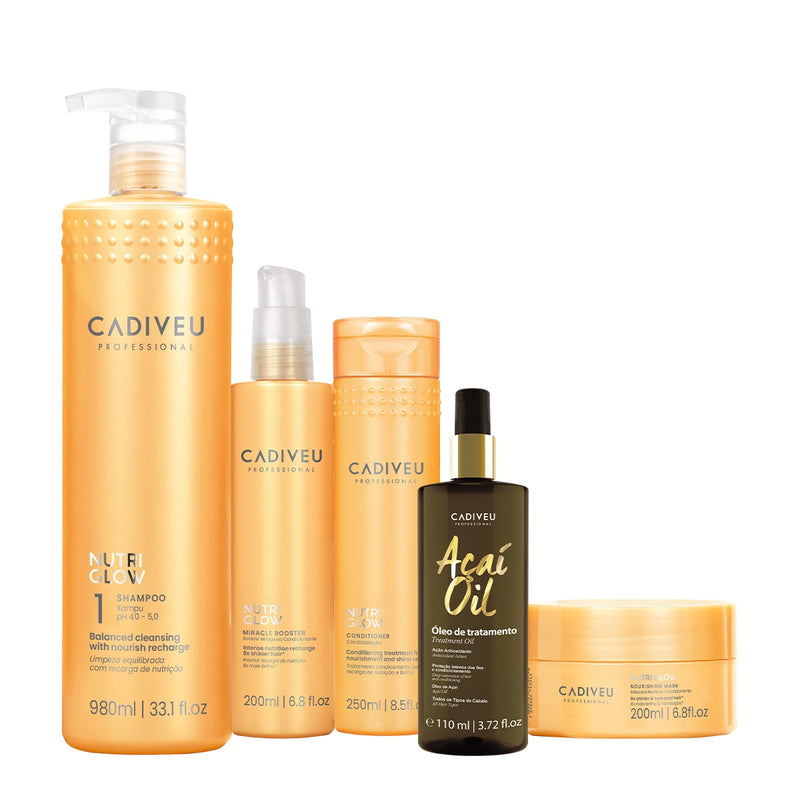 Kit Cadiveu Professional Nutri Glow Shampoo Condicionador Máscara Booster E Açaí Oil 110 (5 Produtos)