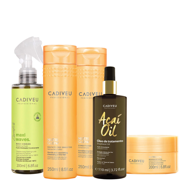 Kit Cadiveu Professional Nutri Glow Shampoo Condicionador Máscara Maxi Ondas E Açaí Oil 110 (5 Produtos)