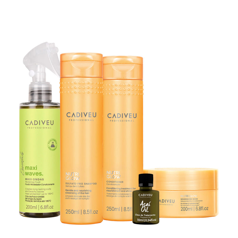 Kit Cadiveu Professional Nutri Glow Shampoo Condicionador Máscara Maxi Ondas E Açaí Oil (5 Produtos)