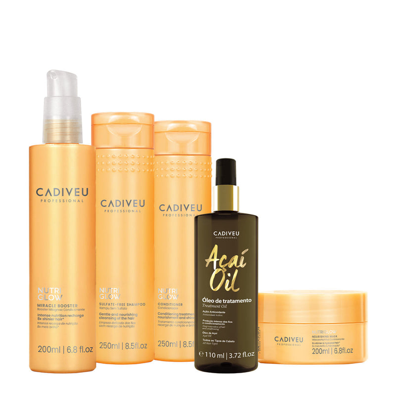 Kit Cadiveu Professional Nutri Glow Shampoo Condicionador Máscara Pré-Shampoo E Açaí Oil 110 (5 Produtos)