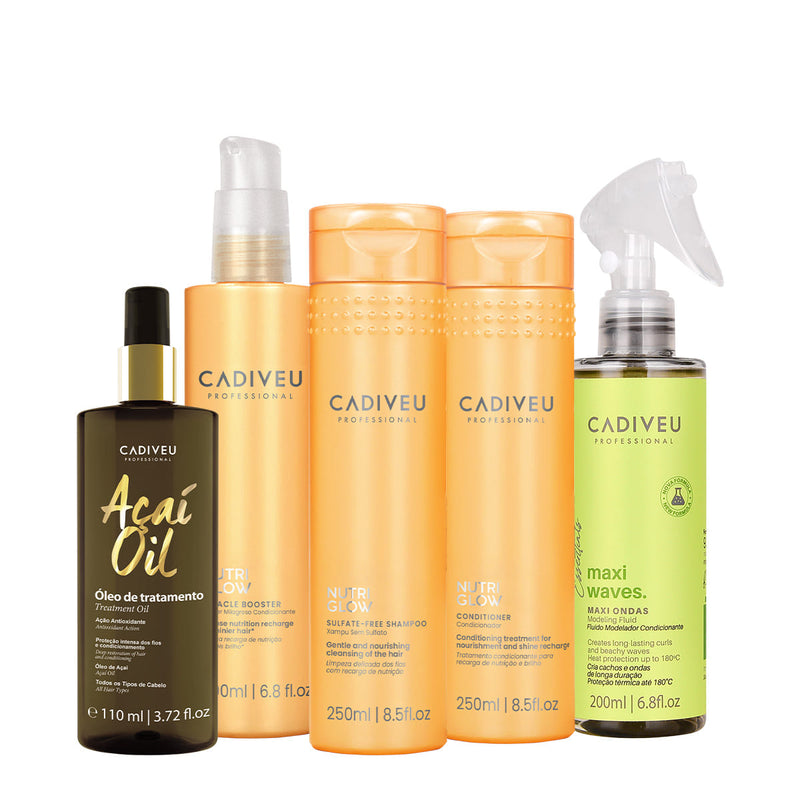 Kit Cadiveu Professional Nutri Glow Shampoo Condicionador Maxi Ondas Booster Pré Shampoo E Açaí Oil 110 (5 Produtos)