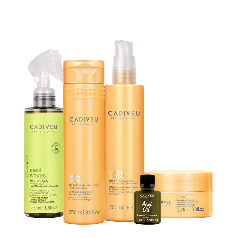Kit Cadiveu Professional Nutri Glow Shampoo Máscara Maxi Ondas Booster Fluído De Tratamento E Açaí Oil (5 Produtos)