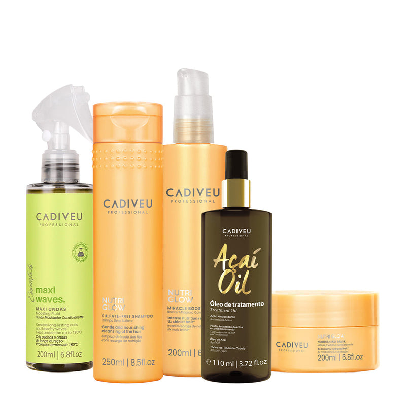 Kit Cadiveu Professional Nutri Glow Shampoo Máscara Maxi Ondas Booster Fluído De Tratamento E Açaí Oil 110 (5 Produtos)