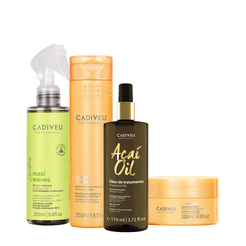 Kit Cadiveu Professional Nutri Glow Shampoo Máscara Maxi Ondas E Açaí Oil 110 (4 Produtos)