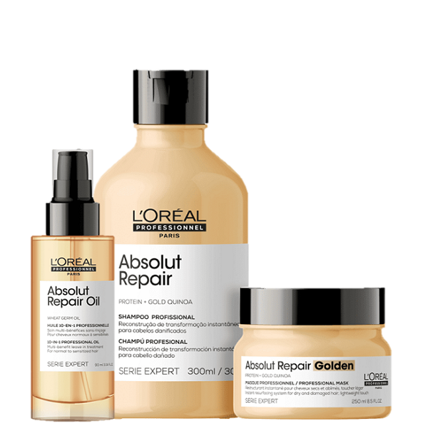 Kit L'Oréal Professionnel Serie Expert Absolut Repair Gold Quinoa Protein Shampoo 300Ml + Máscara Golden 250Ml + Óleo 90